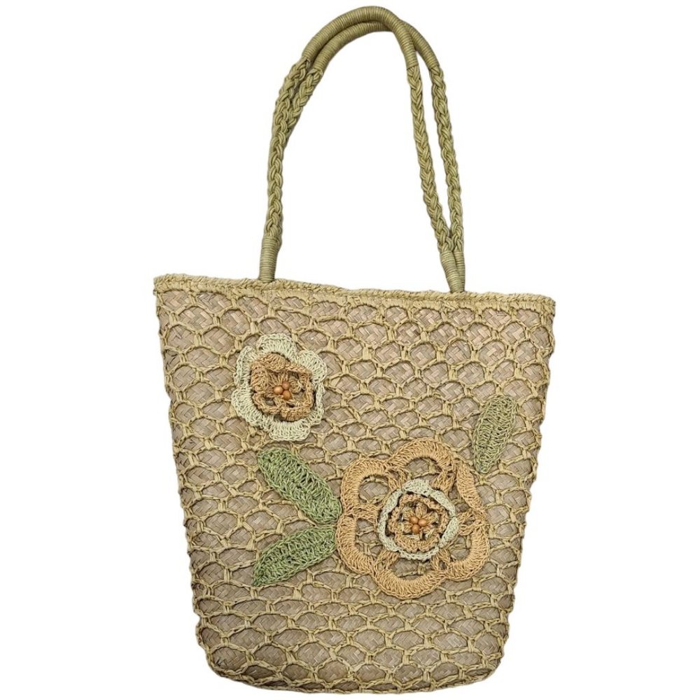 Vintage Boho Straw Tote With Flowers Shoulder Bag Beige
